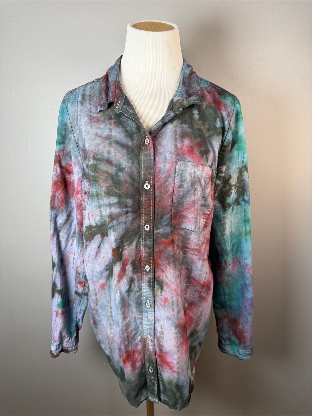 Tie-Dye Button-Up Shirt in Teal, Red & Black
